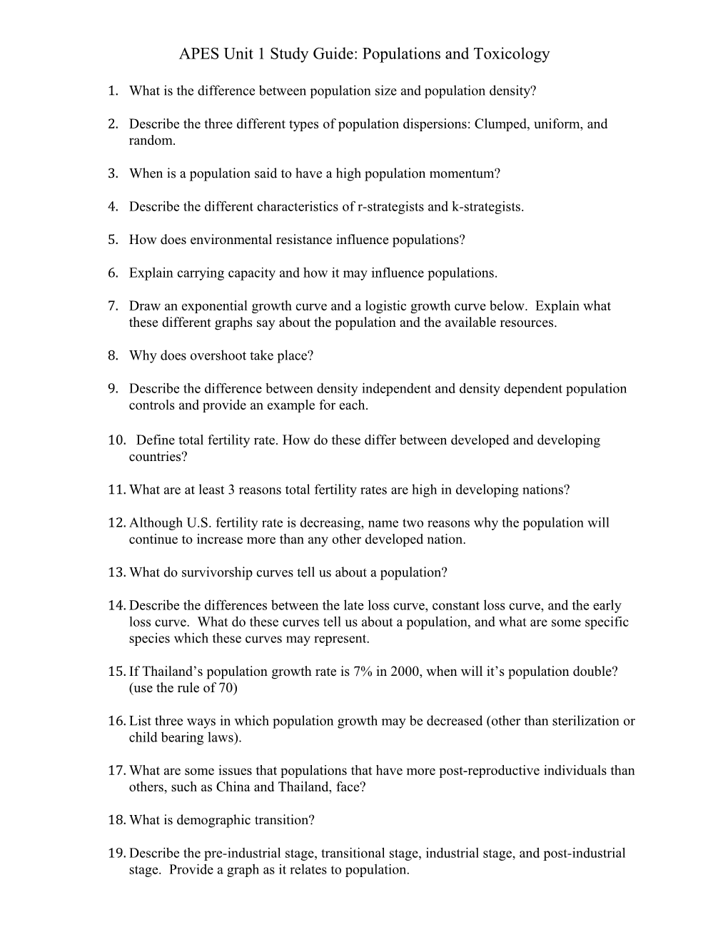 APES Unit 1 Study Guide: Populations and Toxicology