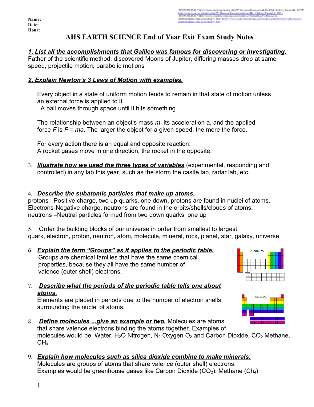 AHS EARTH SCIENCE End of Year Exit Exam Study Notes