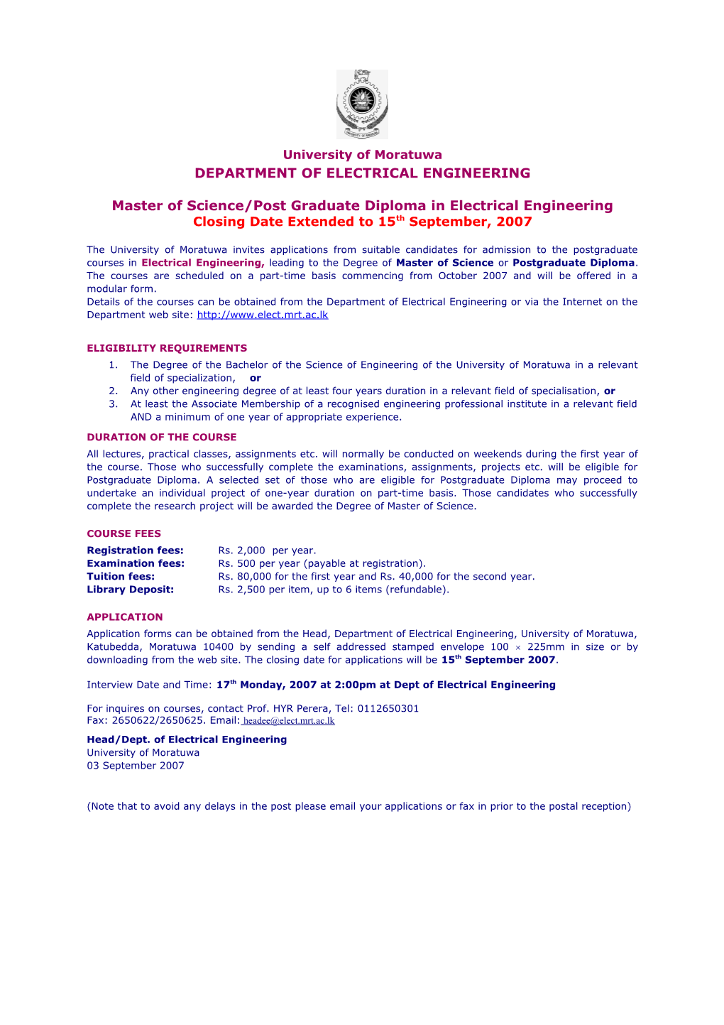 Master of Science/Post Graduate Diploma in Electrical Engineering