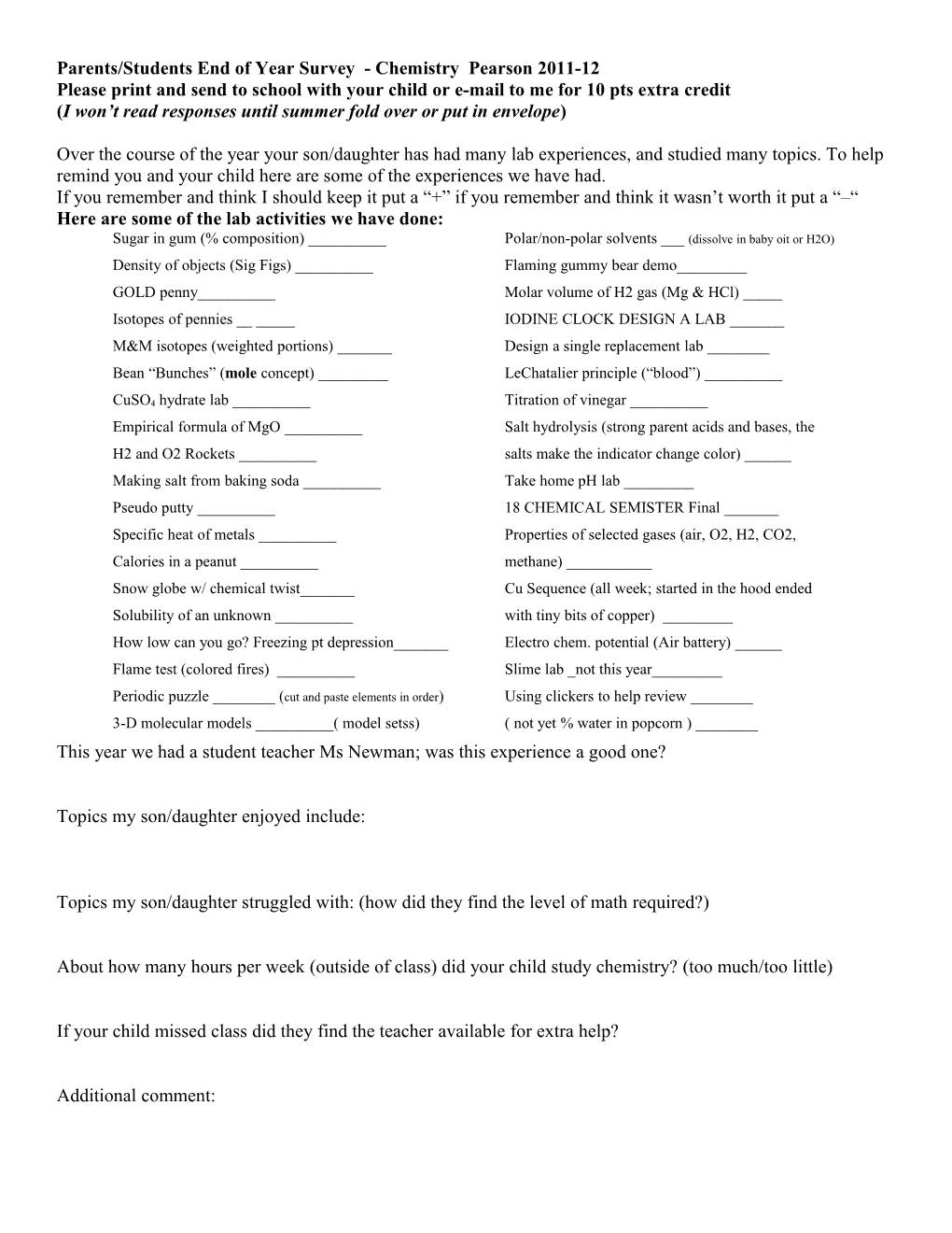 End of Year Survey - Chemistry Pearson