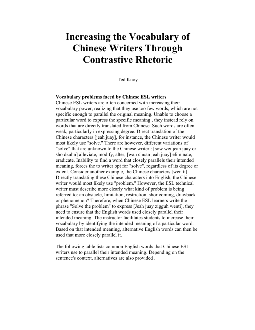 Increasing the Vocabulary of Chinese Writers Through Contrastive Rhetoric