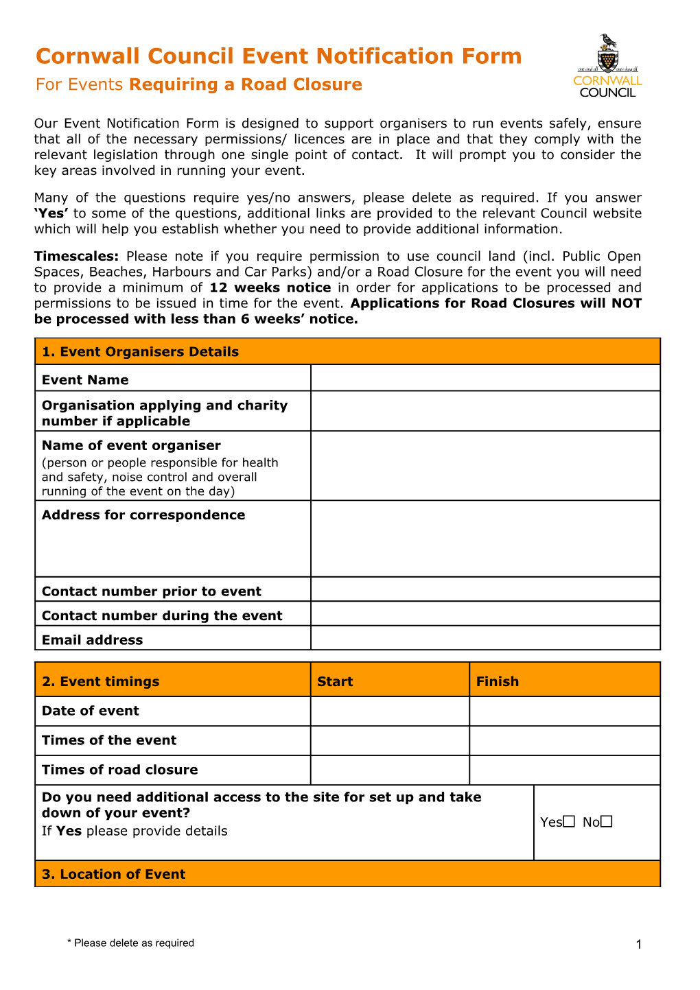 Cornwall Council Event Notification Form