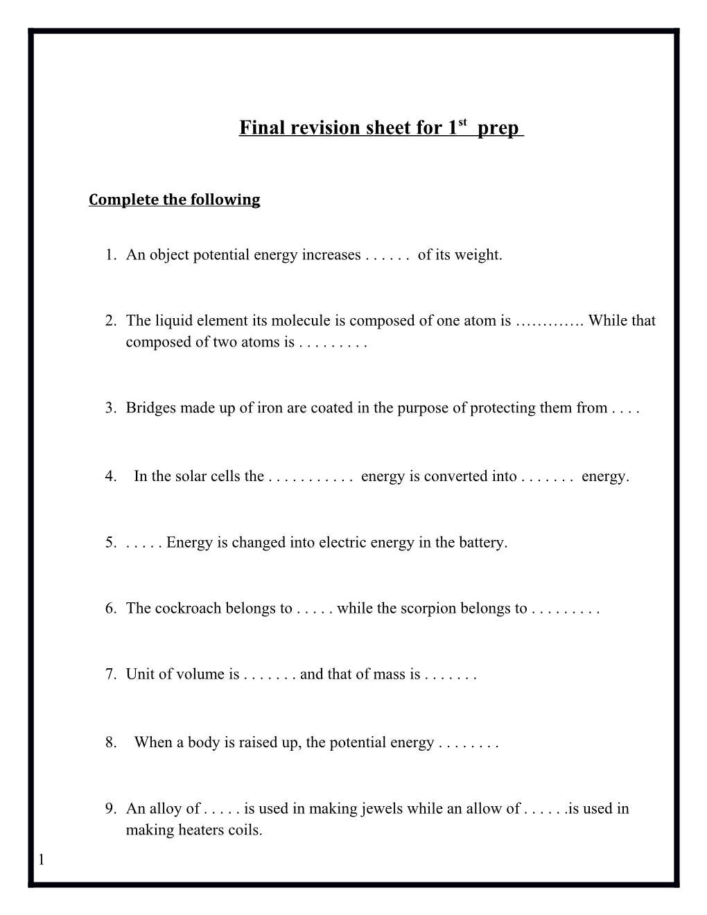 Final Revision Sheet for 1St Prep