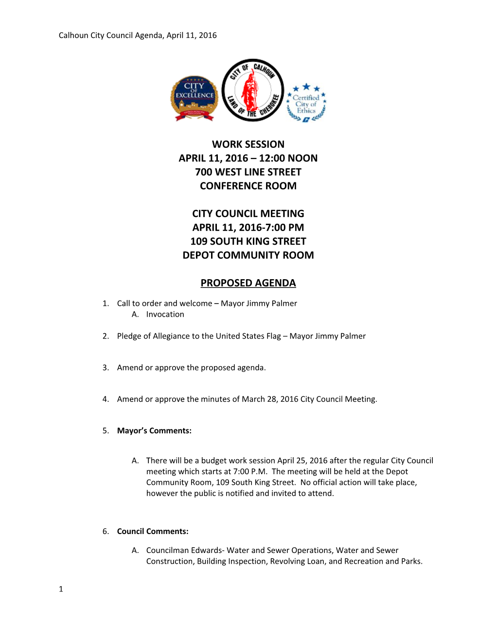 Calhoun City Council Agenda, April 11, 2016