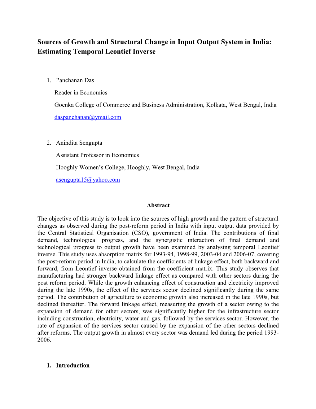 Sources of Growth and Structural Change in Input Output System in India: Estimatingtemporal
