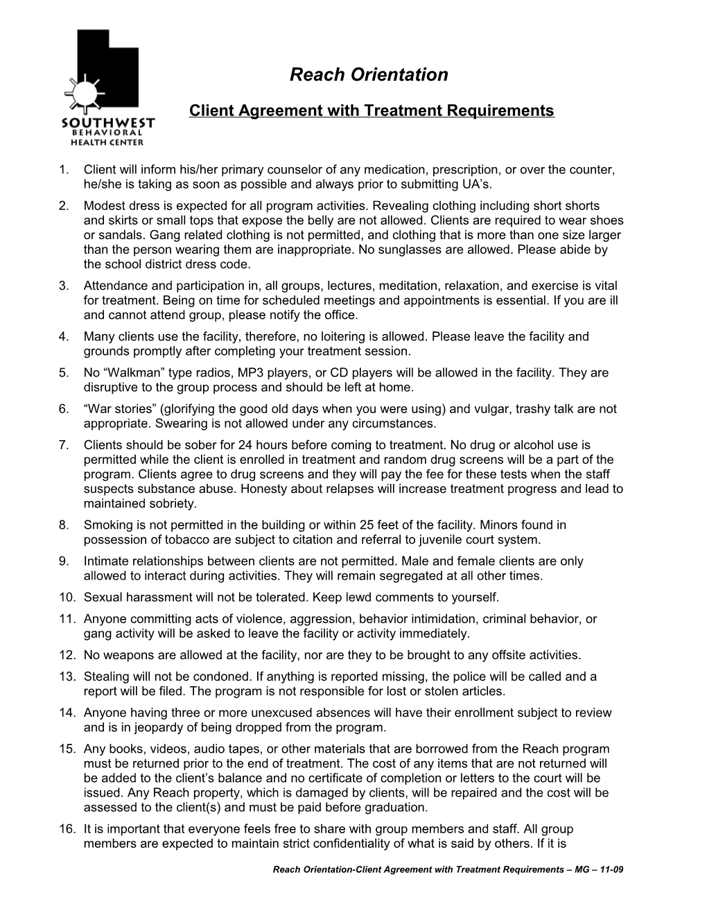 Client Agreement with Treatment Requirements