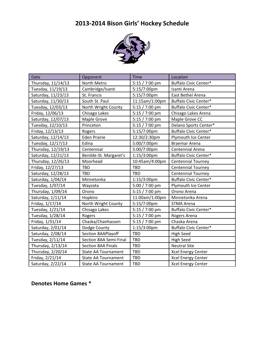 2013-2014 Bison Girls Hockey Schedule