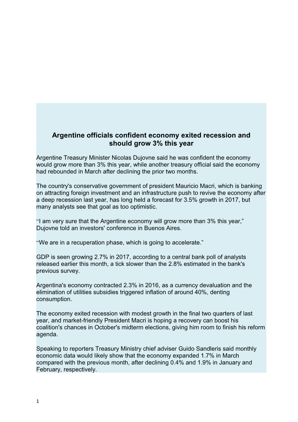 Argentine Officials Confident Economy Exited Recession And