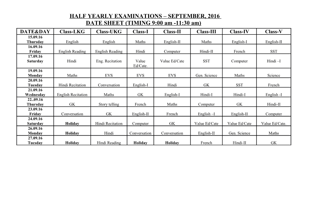 Half Yearly Examinations September, 2016
