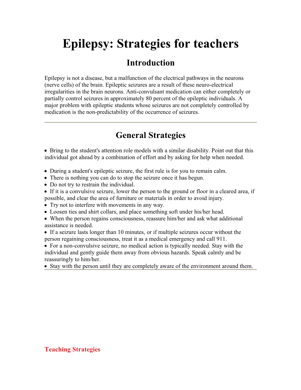 Epilepsy: Strategies for Teachers