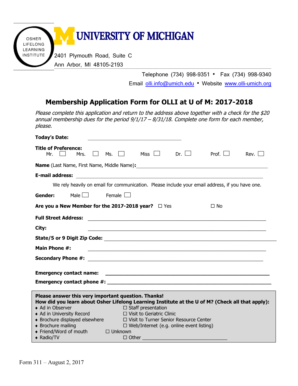 Membership Application Form for OLLI at U of M: 2017-2018