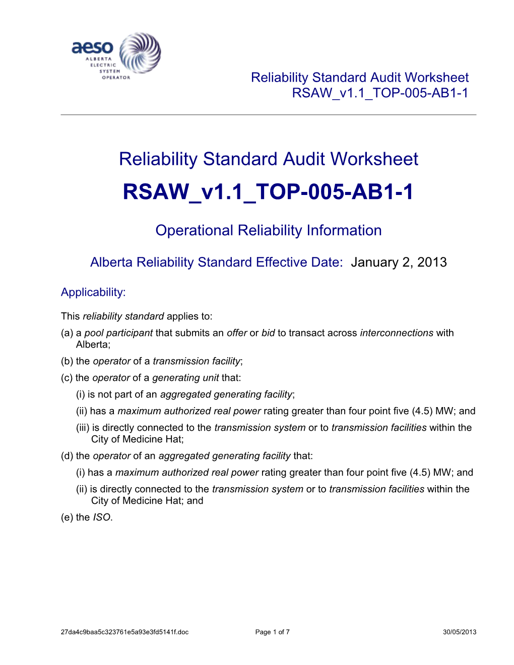 Reliability Standard Audit Worksheet