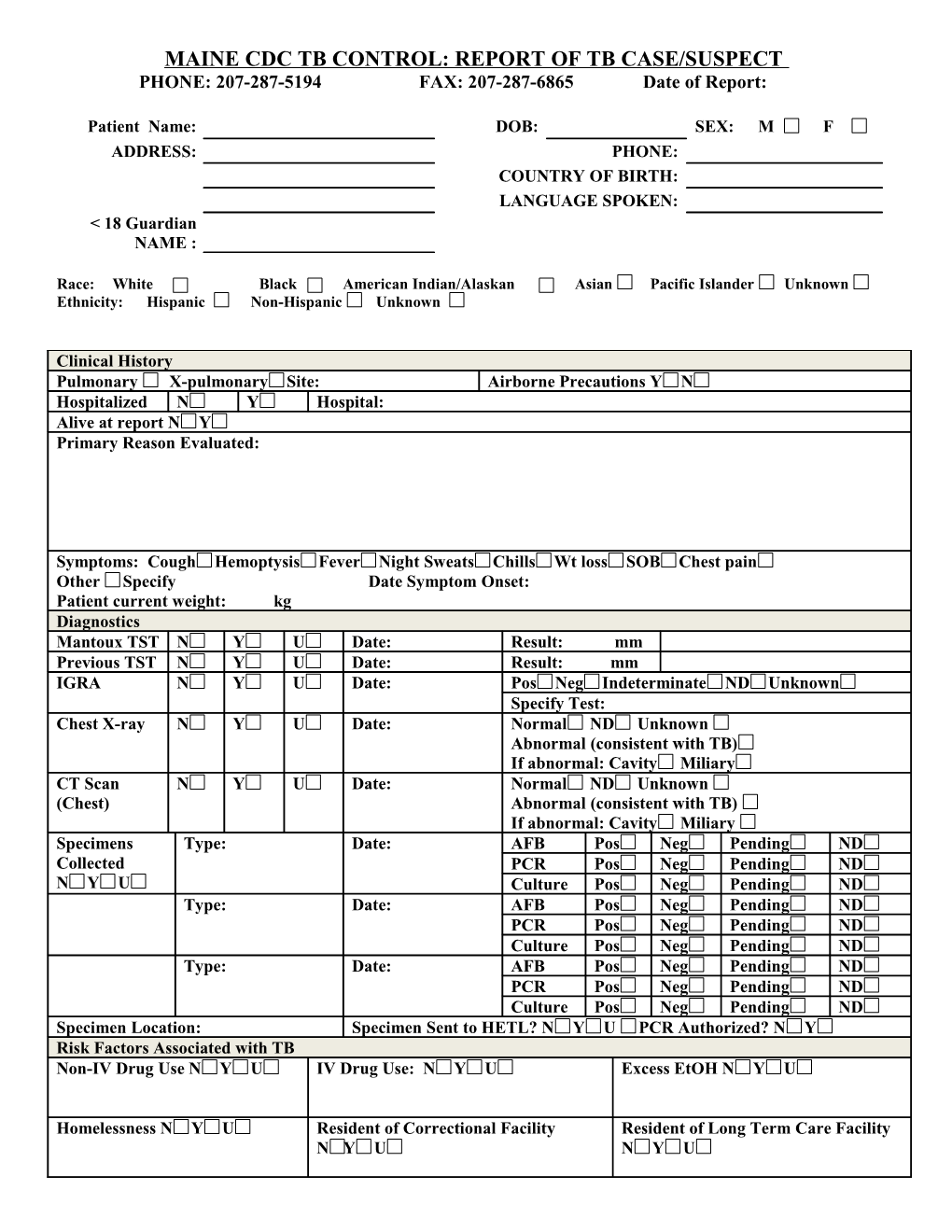 Maine Tuberculosis Control Program Preventive Treatment Referral