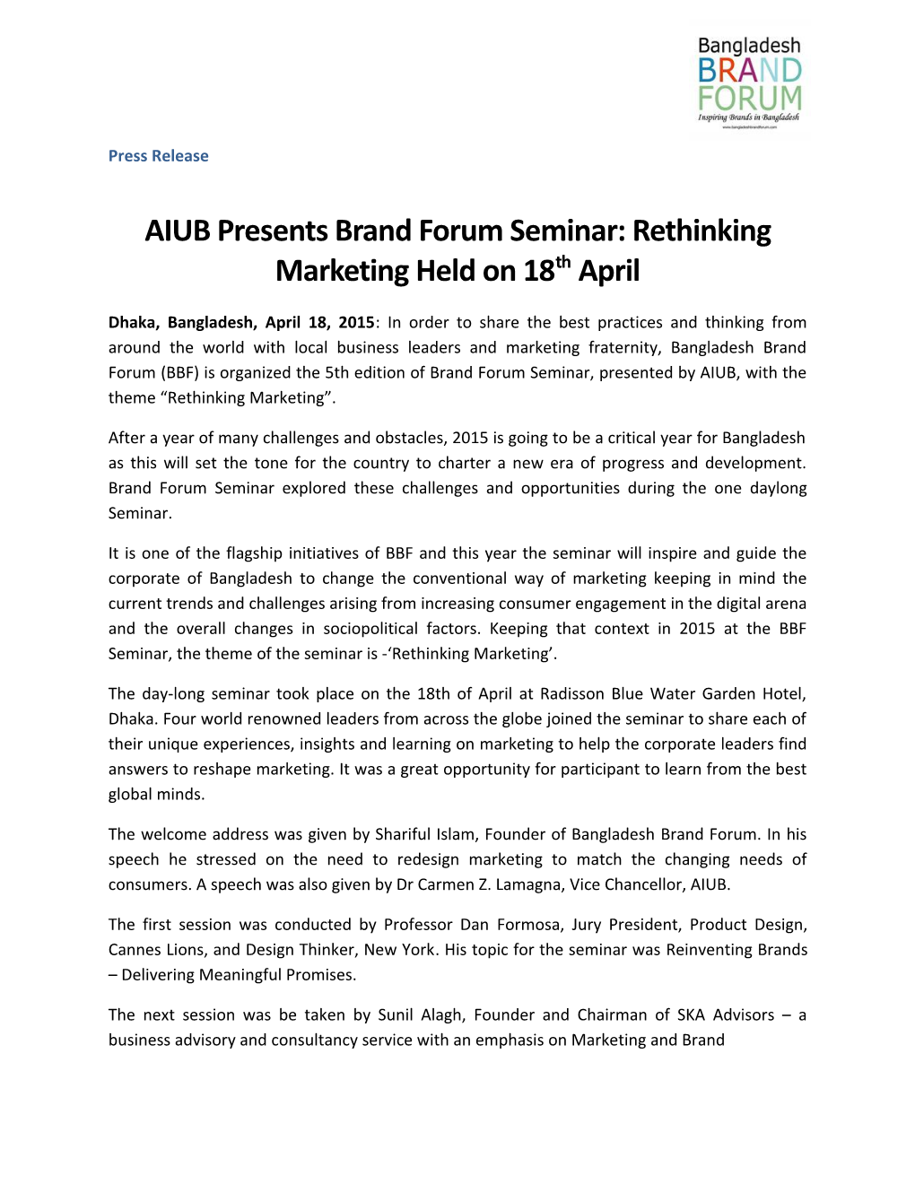 AIUB Presents Brand Forum Seminar: Rethinking Marketing Held on 18Th April