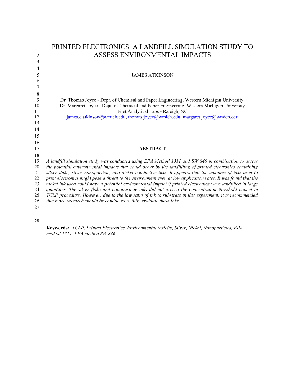 Printed Electronics: a Landfill Simulation Study to Assess Environmental Impacts