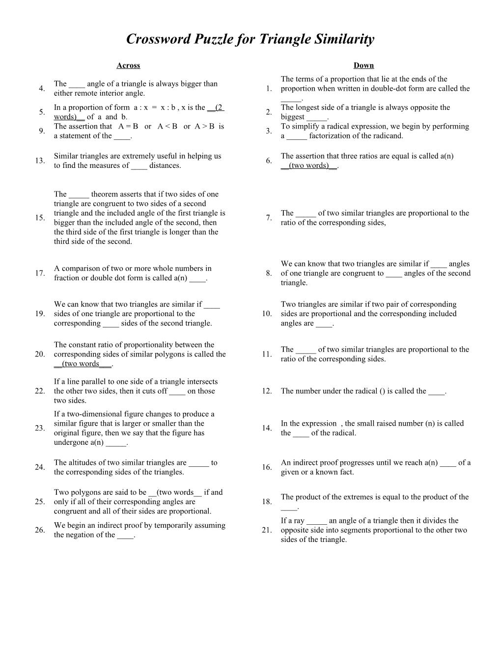 Crossword Puzzle for Triangle Similarity