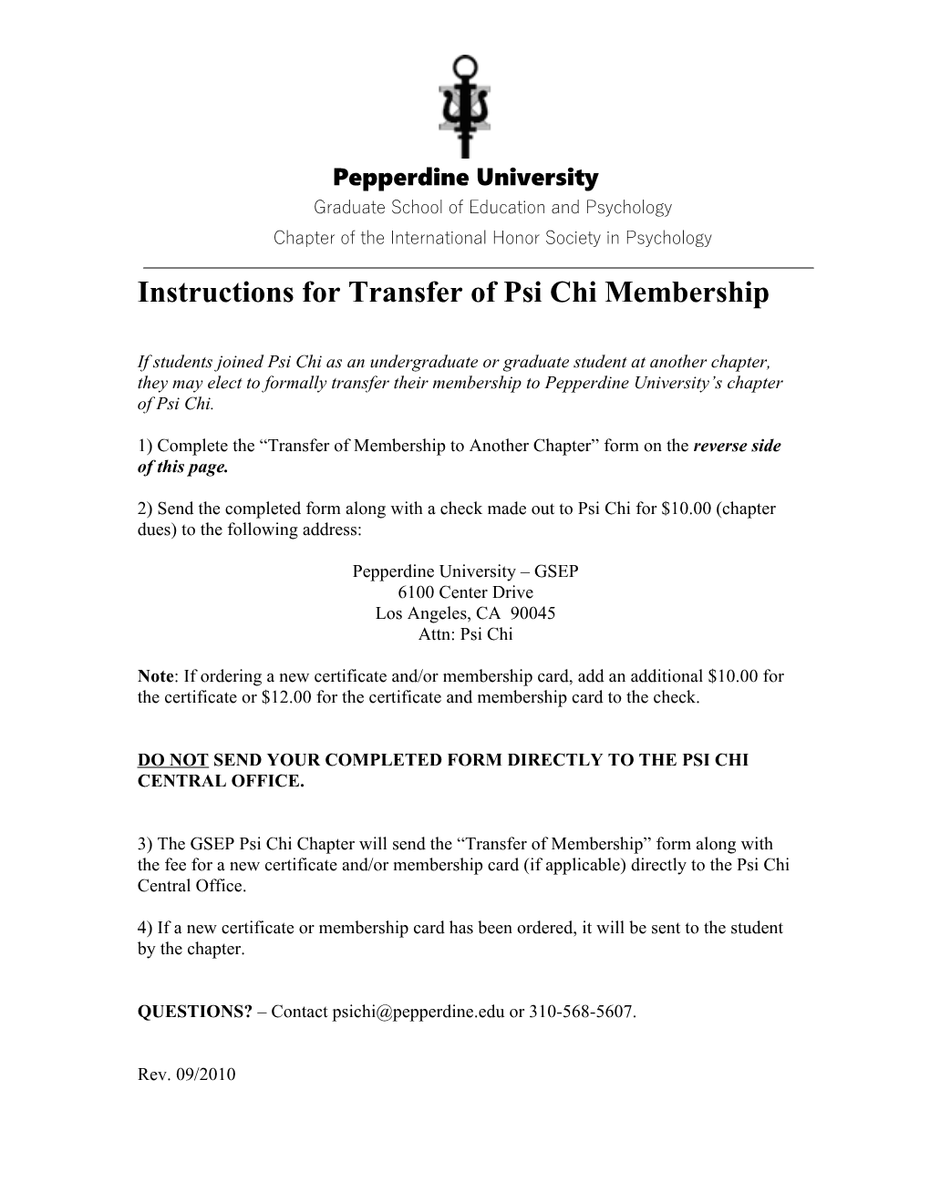 Instructions for Transfer of Psi Chi Membership