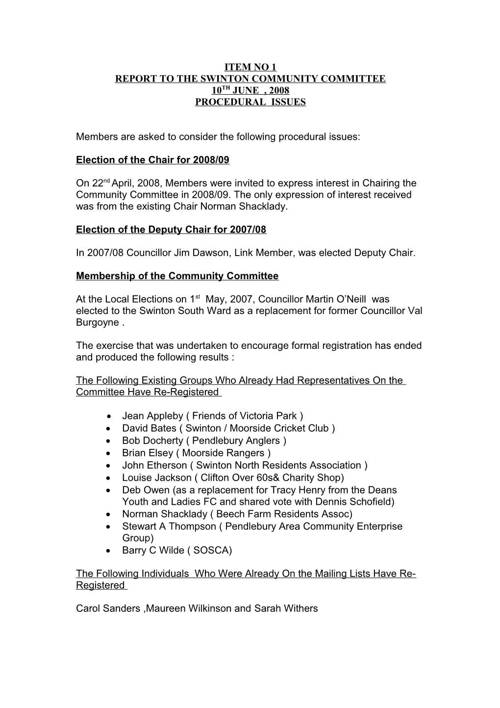 Report to the Swinton Community Committee