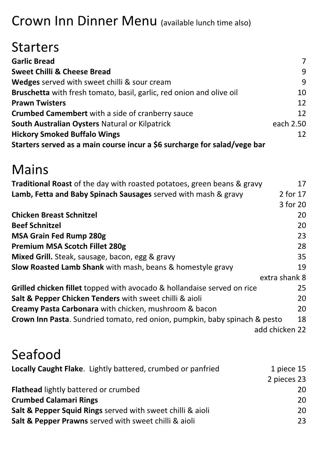 Crown Inn Dinner Menu (Available Lunch Time Also)