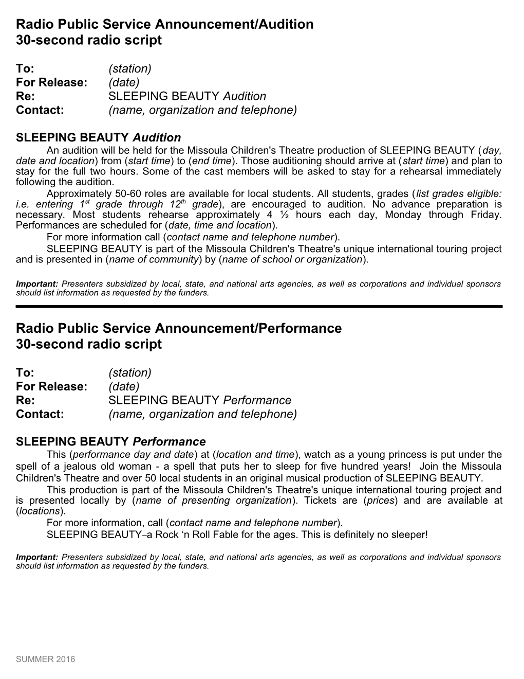 Radio Public Service Announcement/Auditions