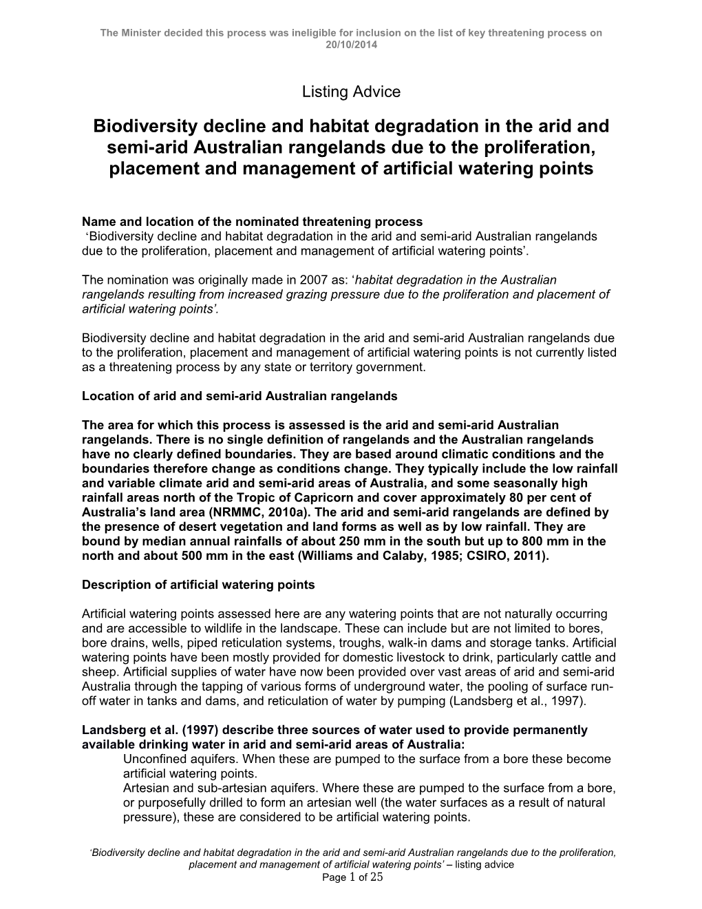 Listing Advice - Biodiversity Decline and Habitat Degradation in the Arid and Semi-Arid