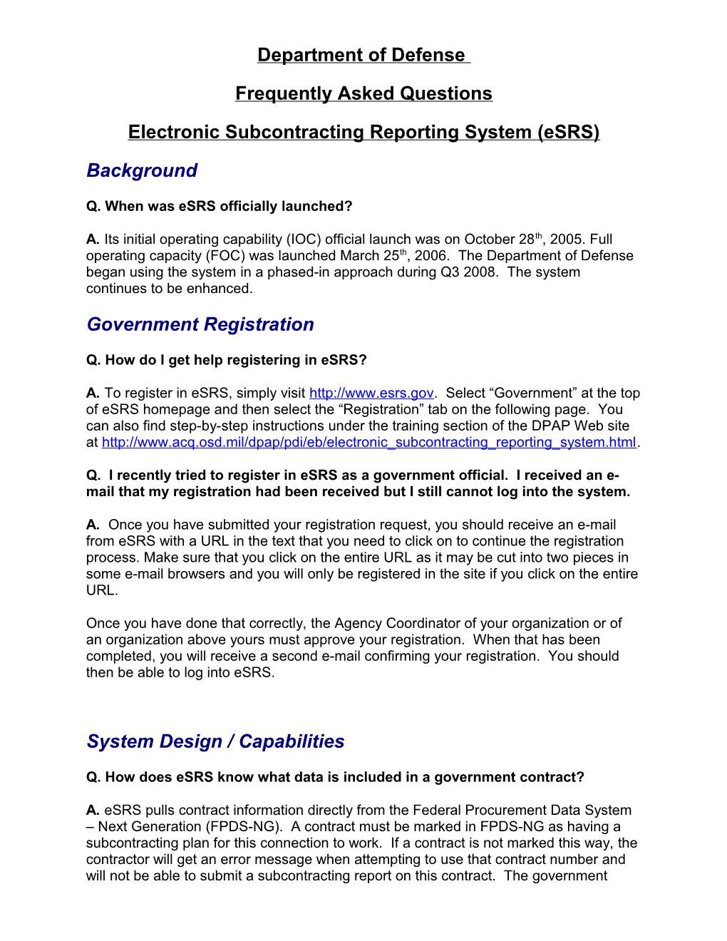Electronic Subcontracting Reporting System (Esrs)