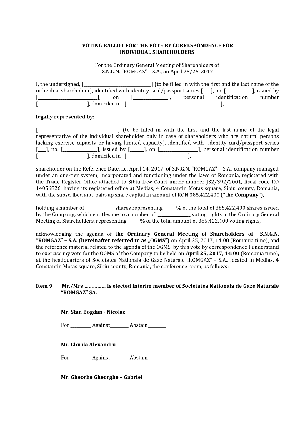 Voting Ballot for the Vote by Correspondence For s1