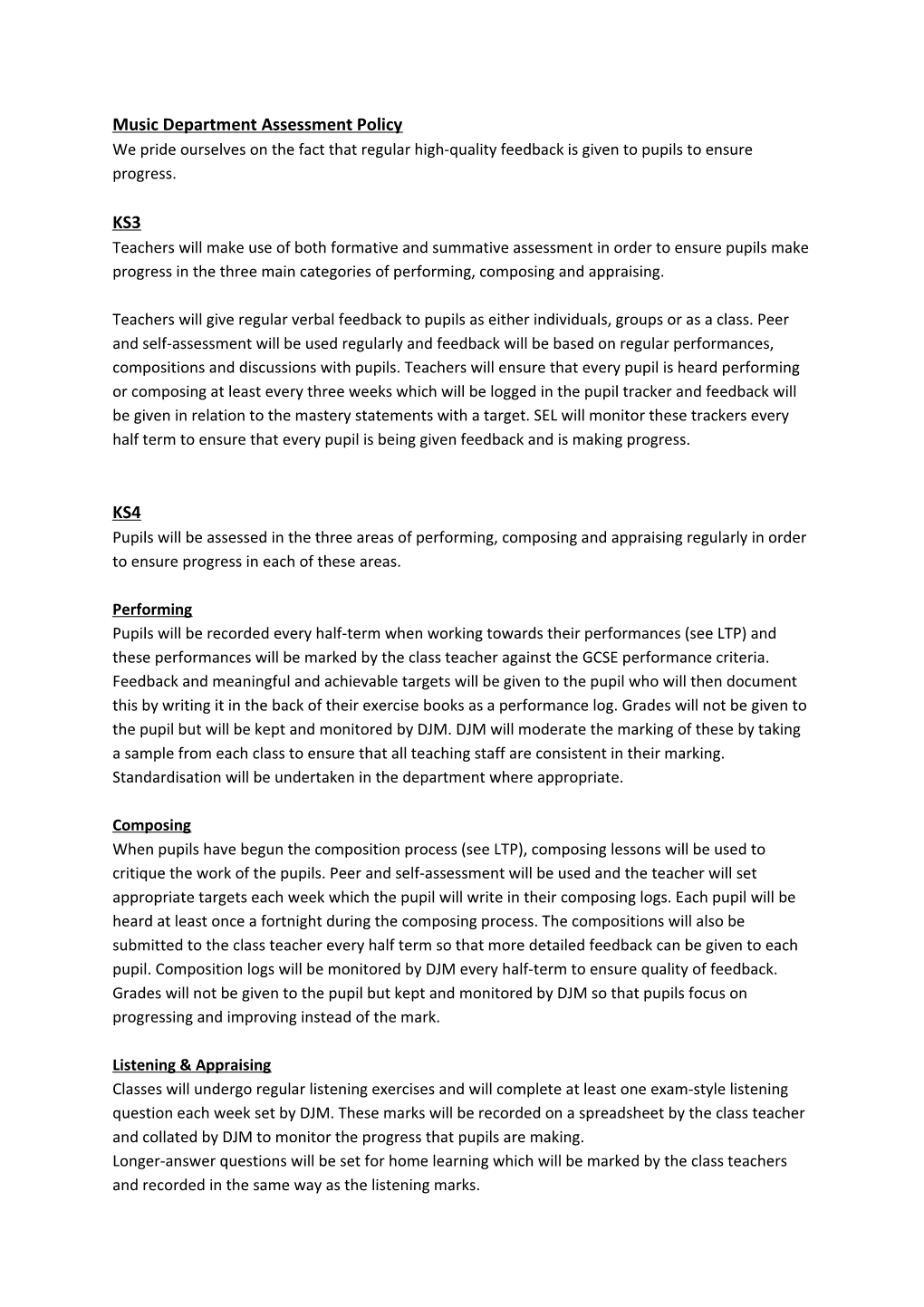 Music Department Assessment Policy