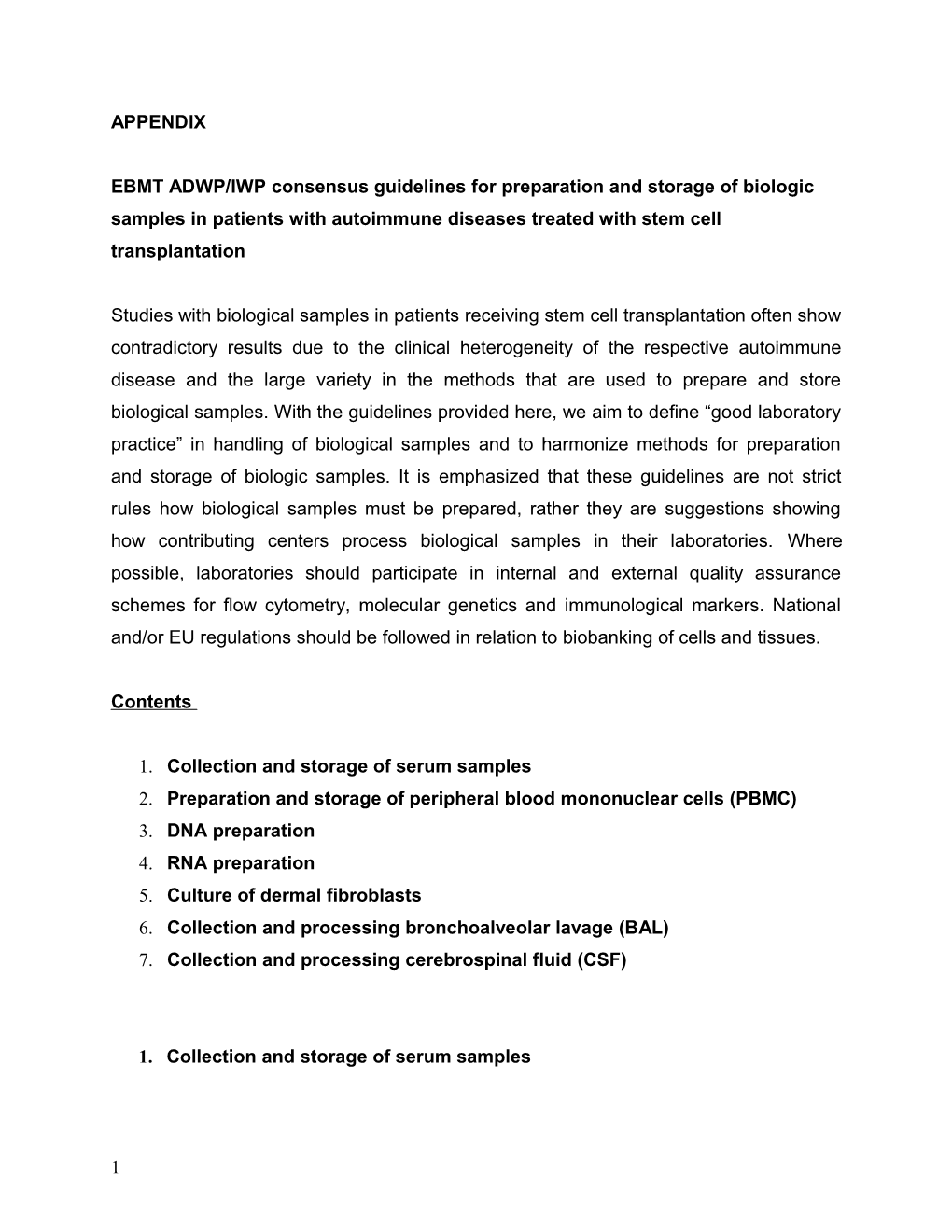 EBMT ADWP/IWP Consensus Guidelines for Preparation and Storage of Biologic Samples In