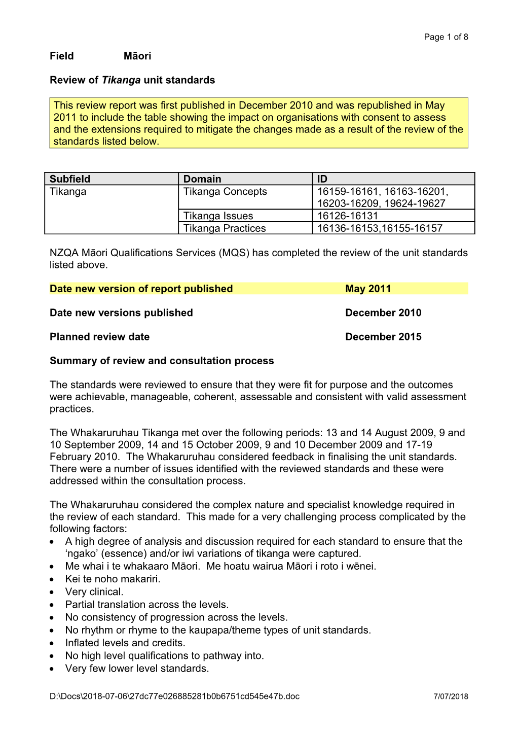 Review of Tikanga Unit Standards