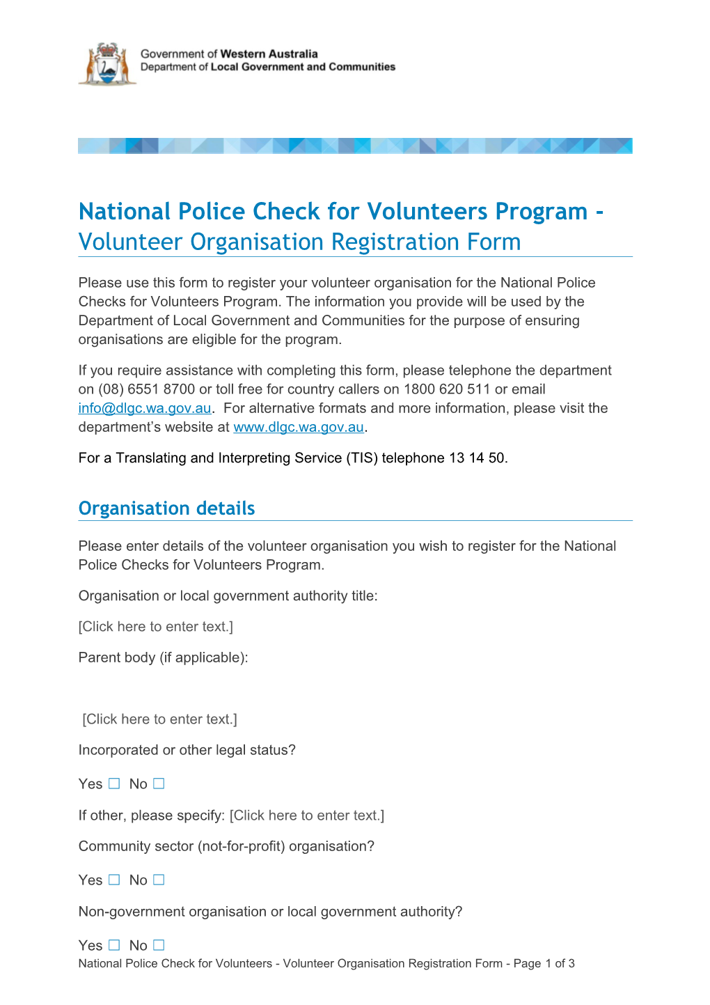 National Police Check for Volunteers Program - Volunteer Group Registration Form