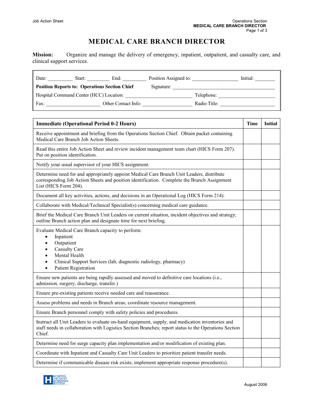 Job Action Sheet Operations Section