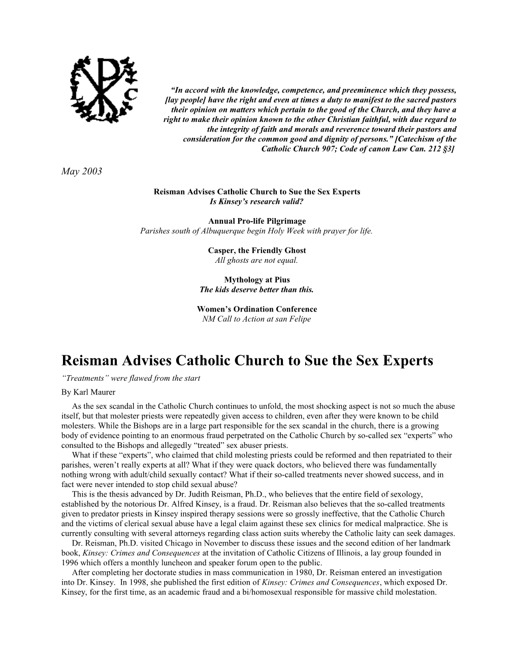 Reisman Advises Catholic Church to Sue the Sex Experts