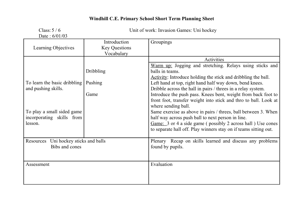 Windhill C.E. Primary School Short Term Planning Sheet