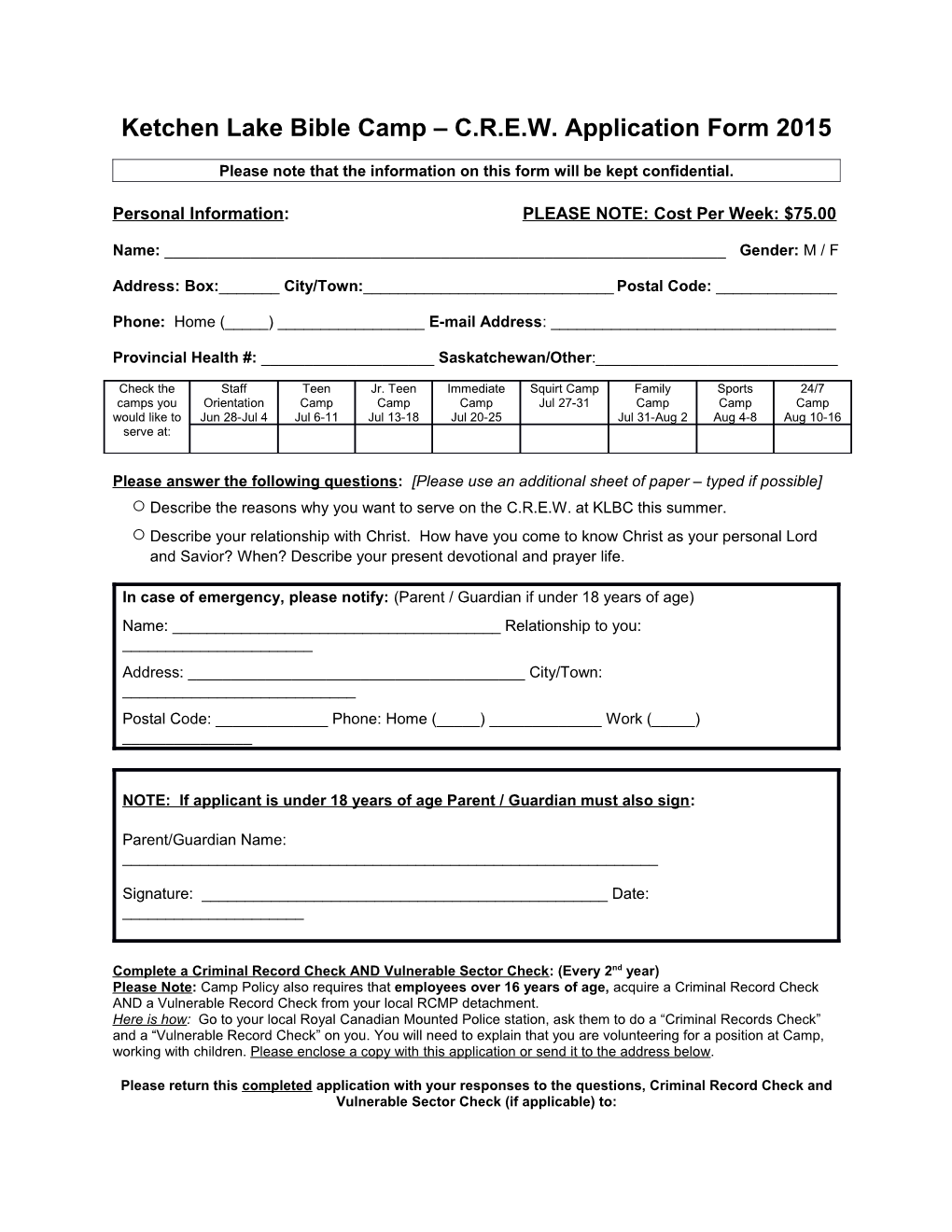 Ketchen Lake Bible Camp C.R.E.W. Application Form 2015