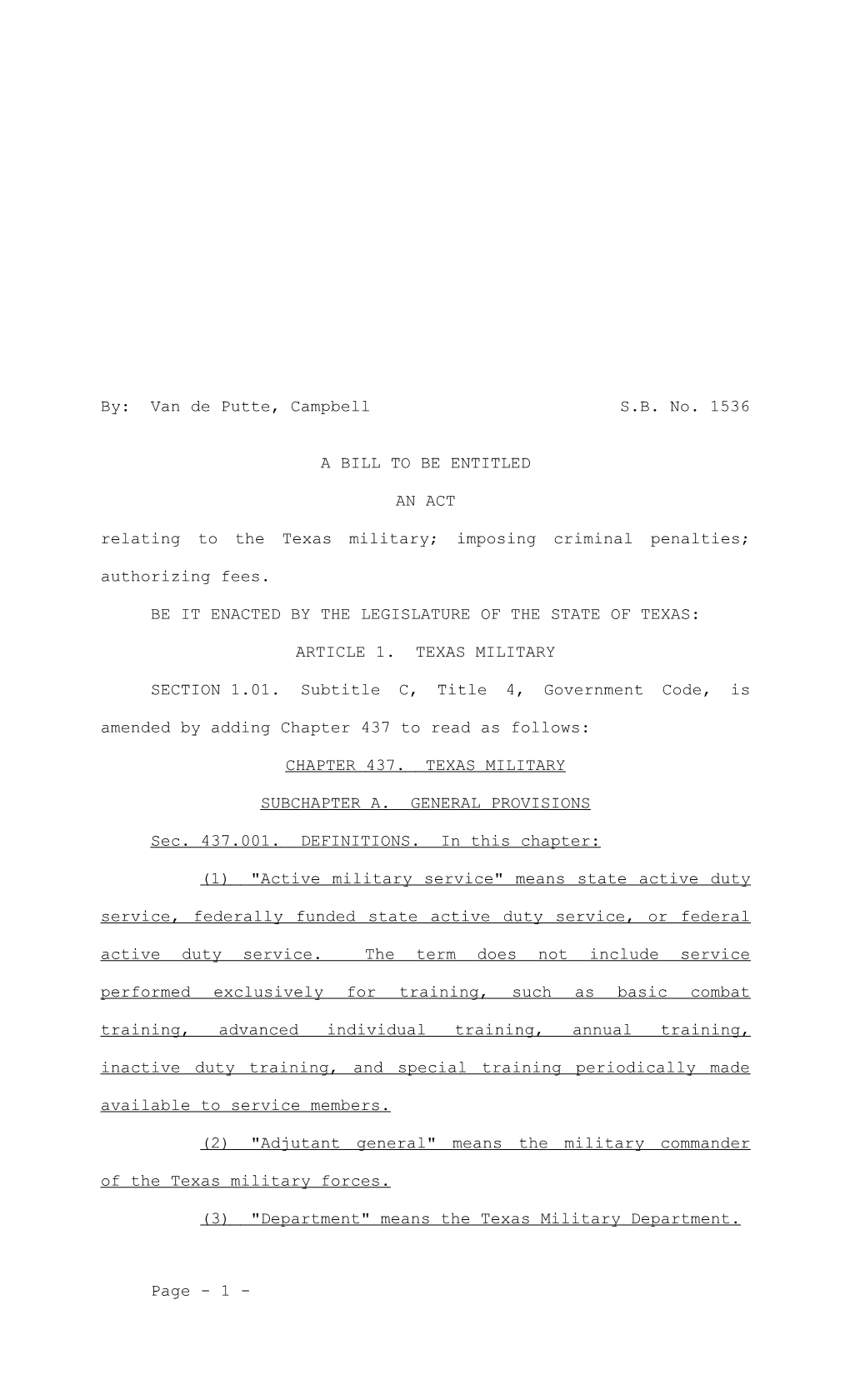 Relating to the Texas Military; Imposing Criminal Penalties; Authorizing Fees