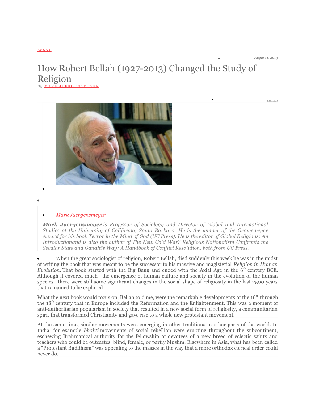 How Robert Bellah (1927-2013) Changed the Study of Religion
