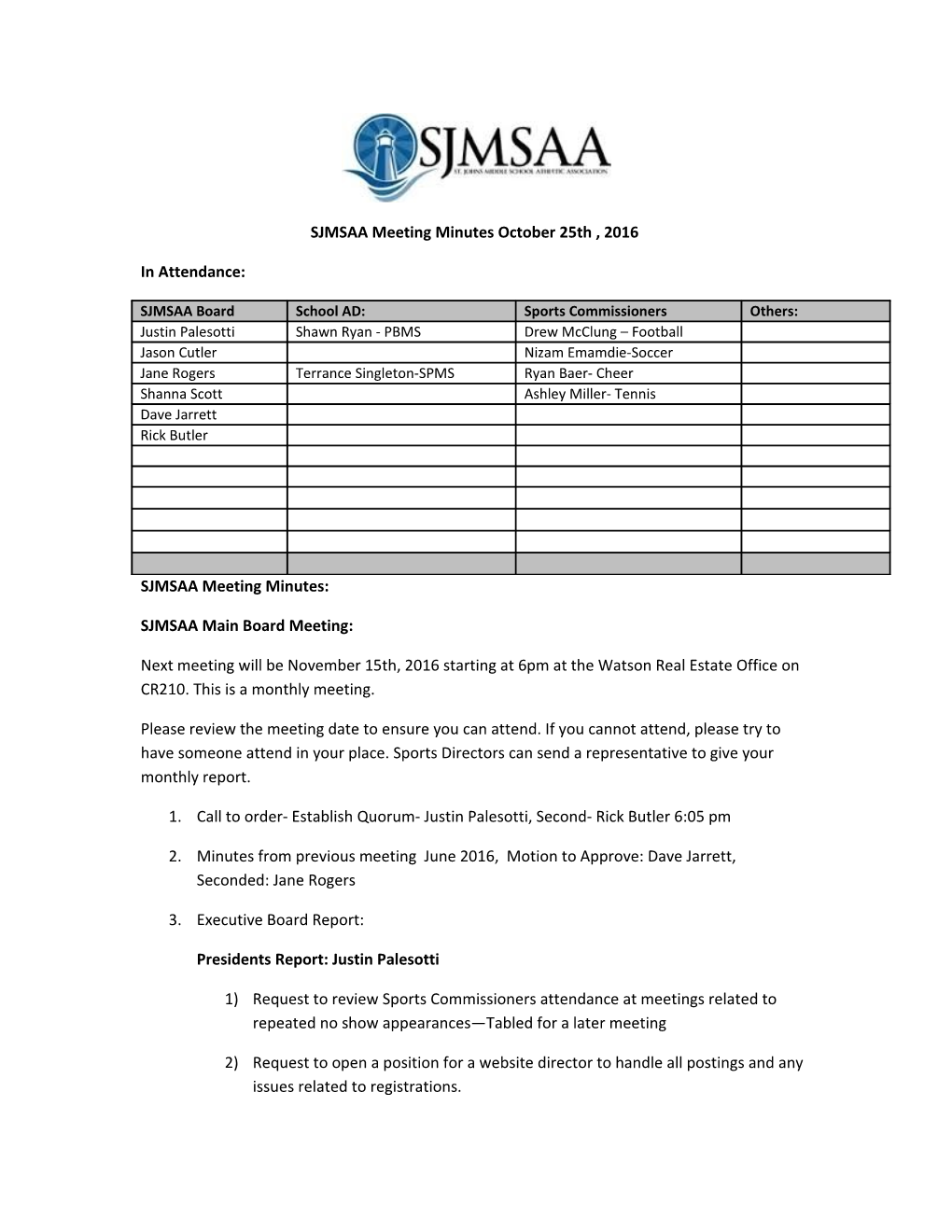SJMSAA Meeting Minutes October 25Th, 2016
