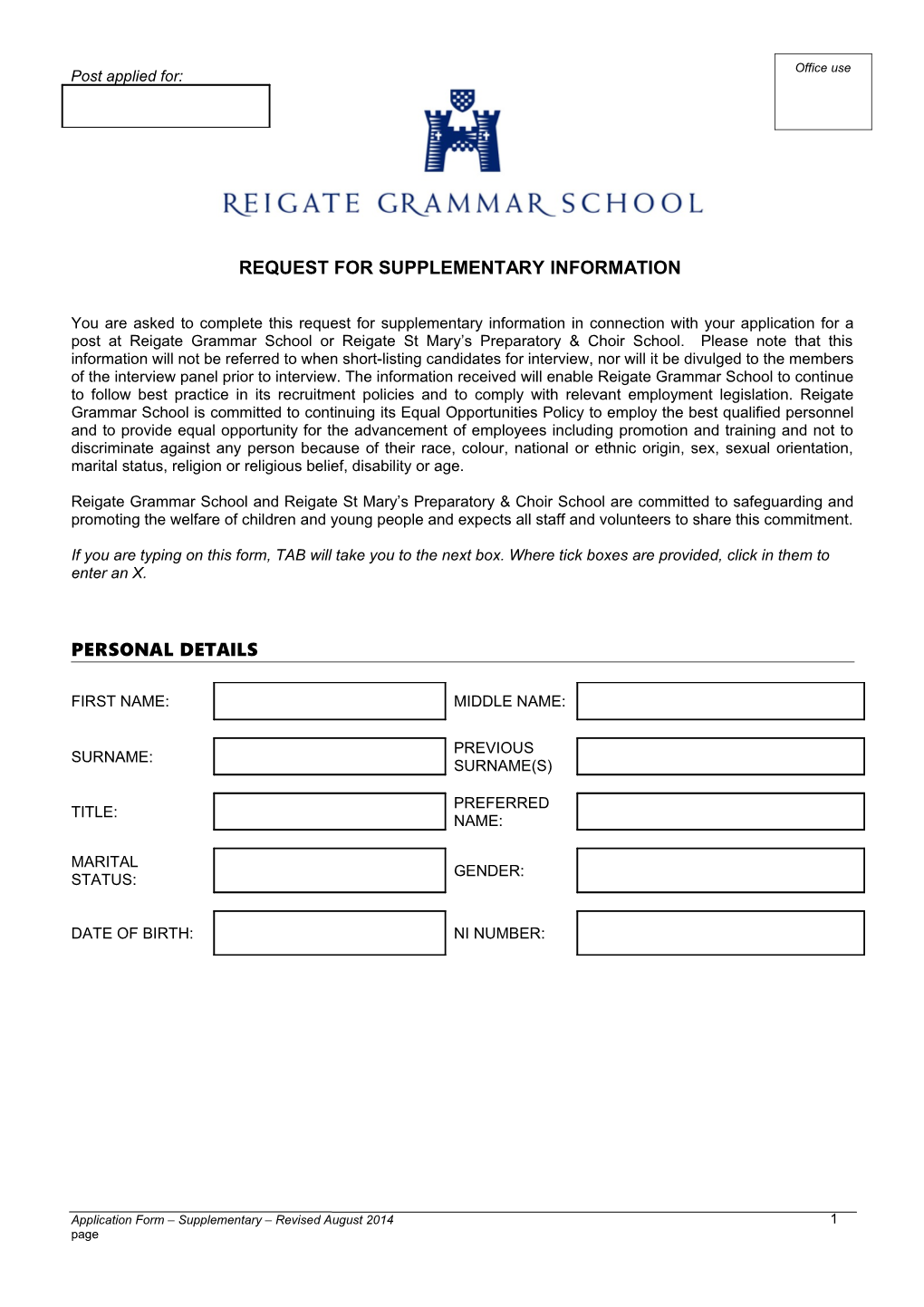 Reigate Grammar School Application Form