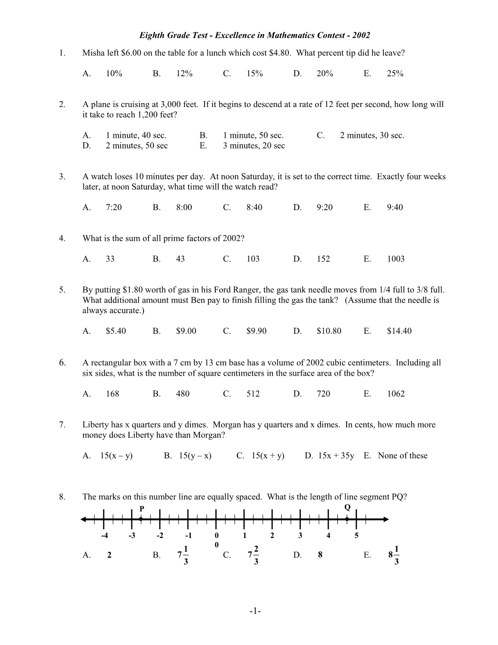 Eighth Grade Test - Excellence in Mathematics Contest - 2002