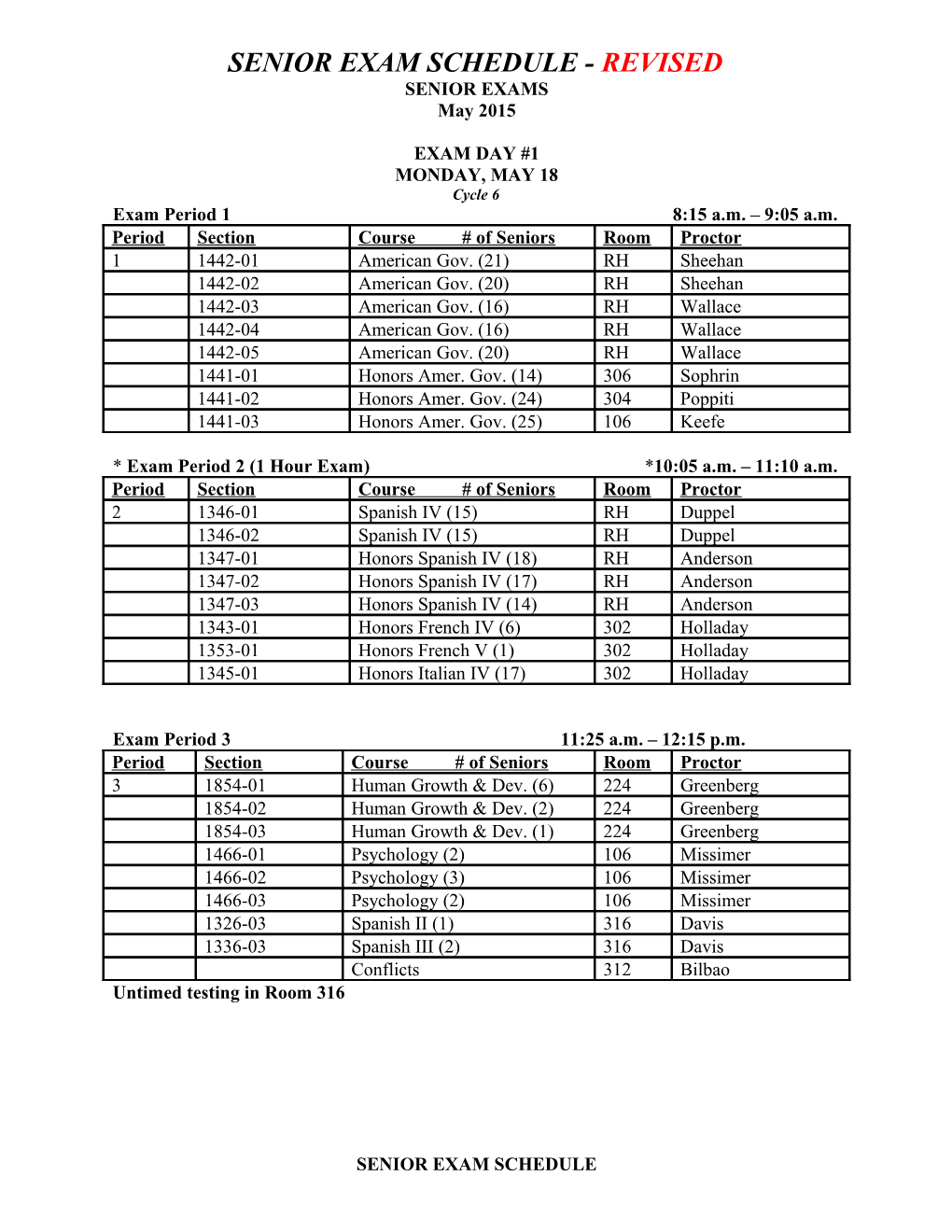 Senior Exam Schedule - Revised