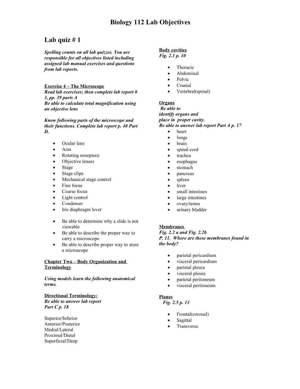 Biology 112 Lab Objectives