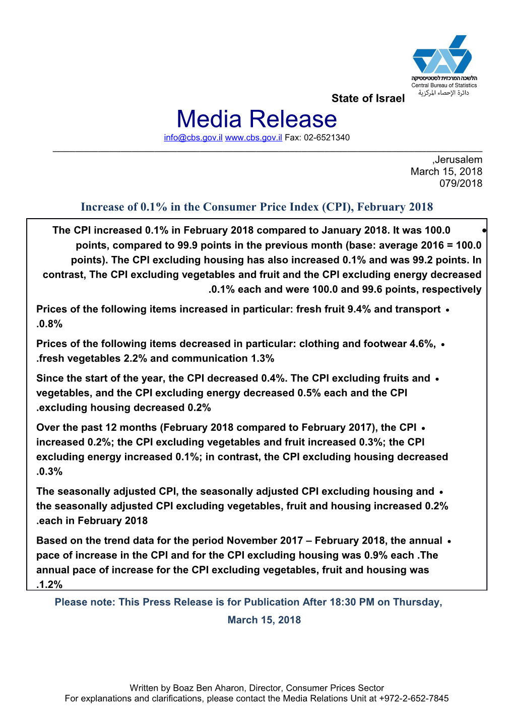 Increase of 0.1% in the Consumer Price Index (CPI), February 2018