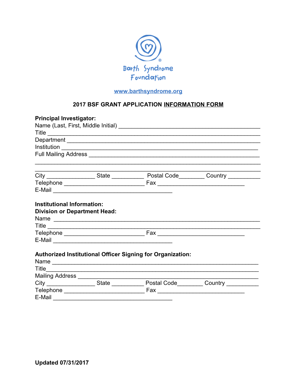 2017 Bsf Grant Application Information Form