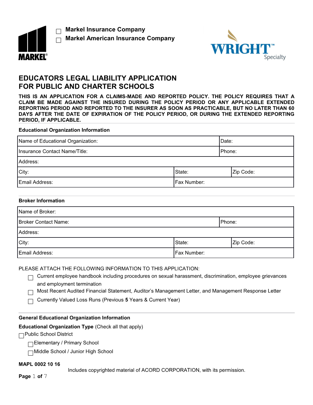 Educators Legal Liability Application