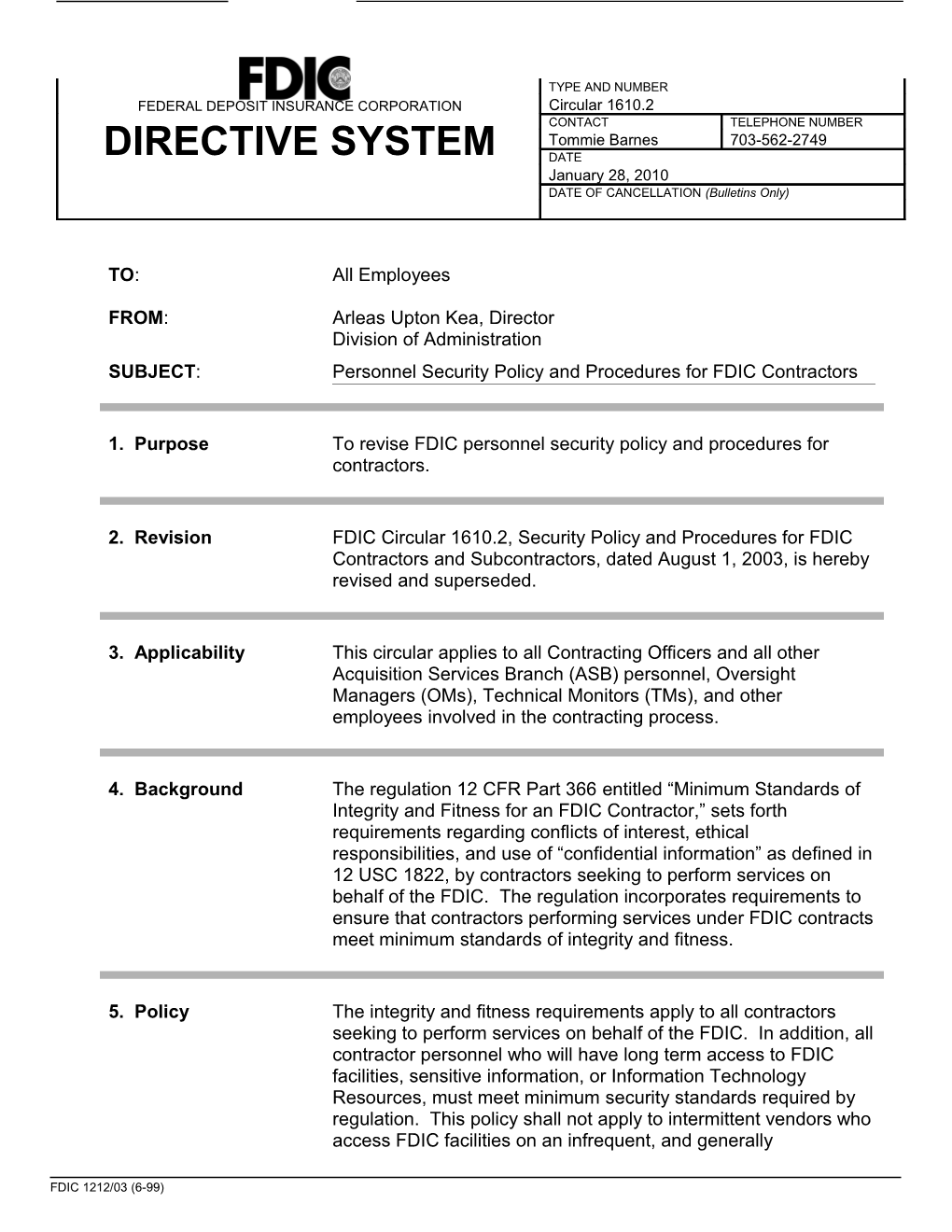 Circular 1610.2, Personnel Security Policy and Procedures for FDIC Contractors