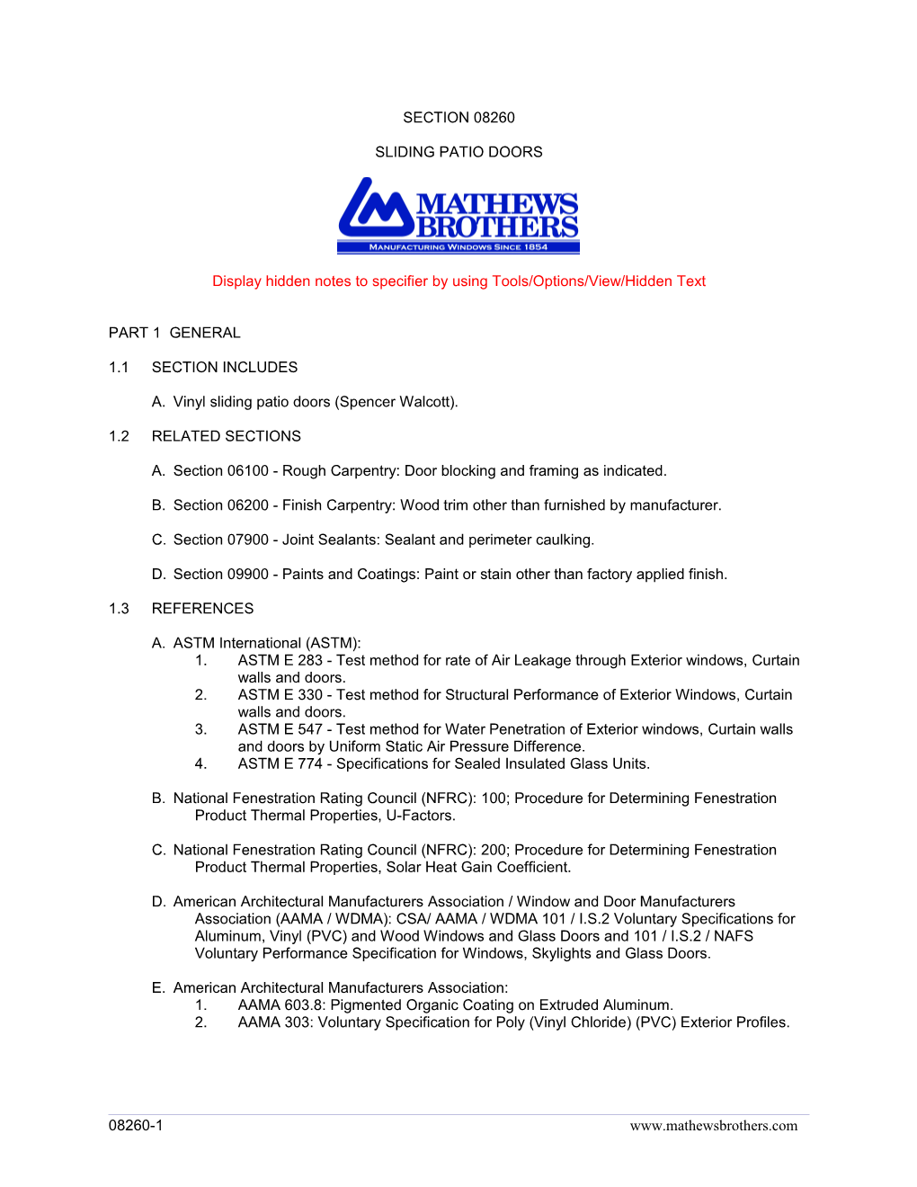 Section 08260 - Sliding Patio Doors