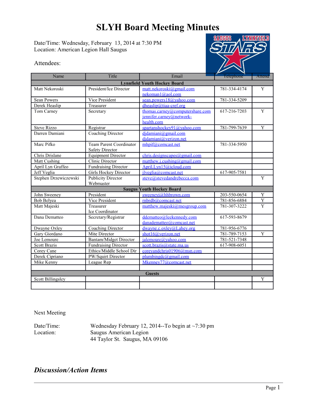 SLYH Board Meeting Minutes