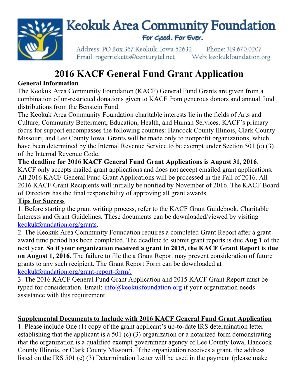 2016 KACF General Fund Grant Application