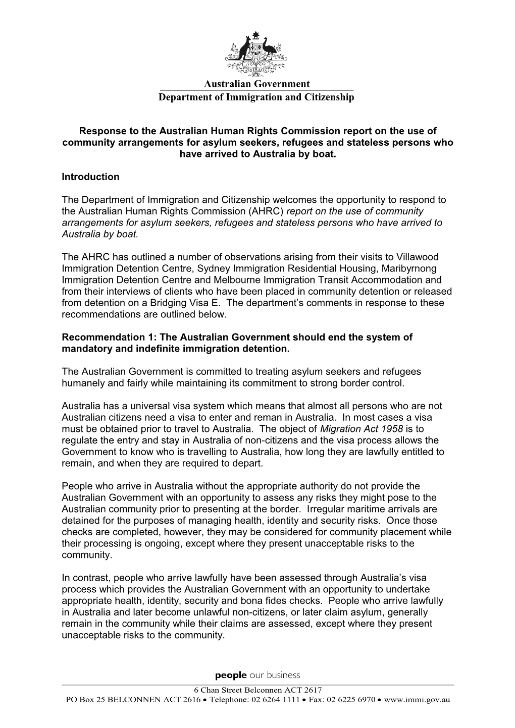 Response to the Australian Human Rights Commission Report on the Use of Community Arrangements